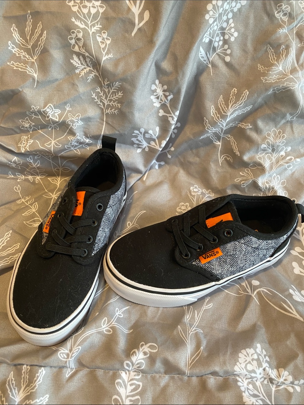 Vans Black and Gray Low-Top Sneakers with Orange Logo